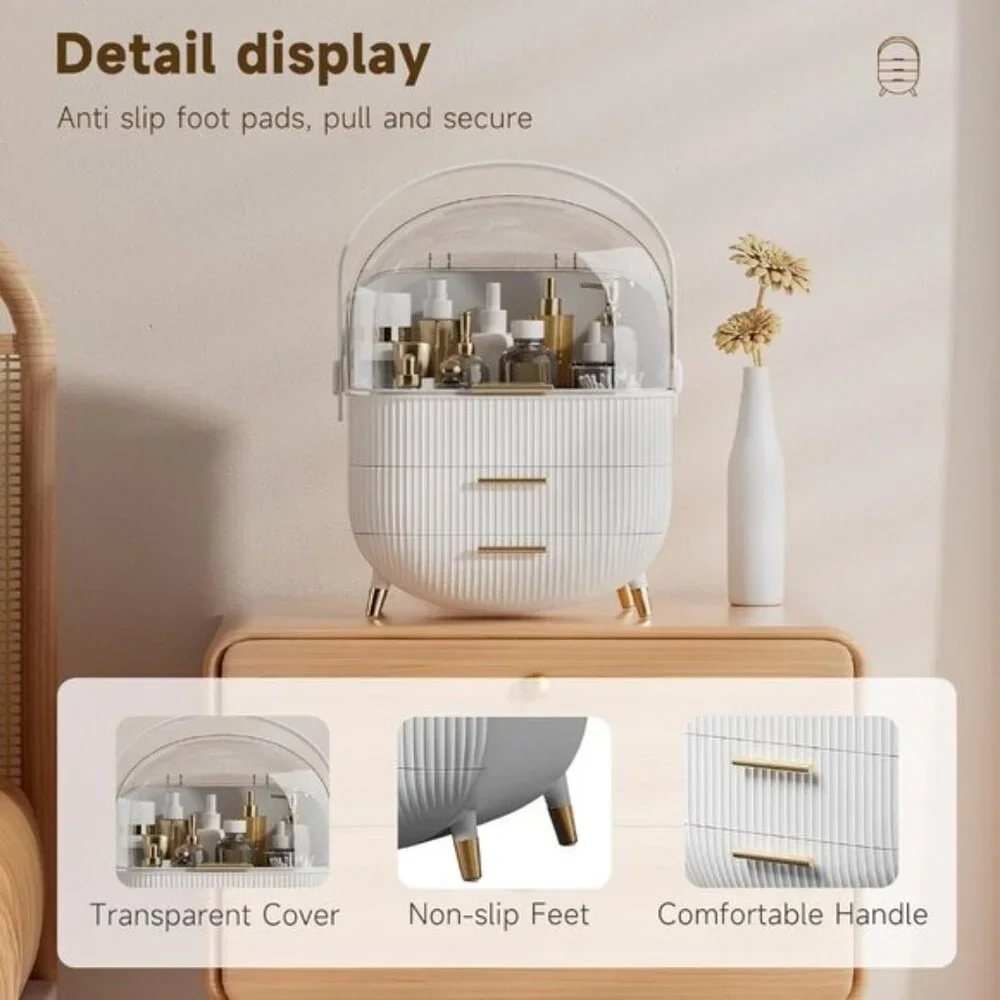 New Makeup Storage Organizer with Lid, Waterproof Vanity Box for Skincare, White